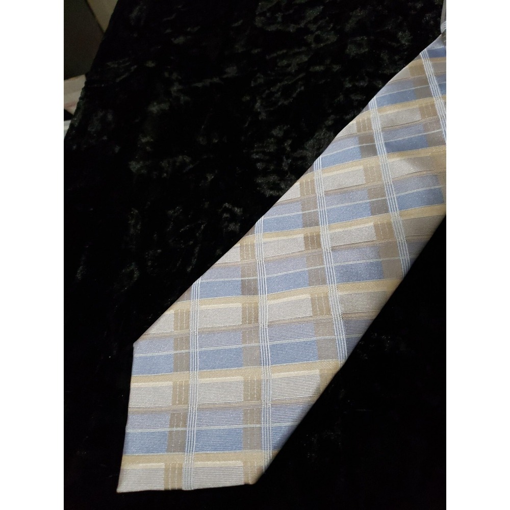 Kenneth Cole Reaction Mens Neck Tie Blue Silver Tan Striped‎ Plaid Keeper Career